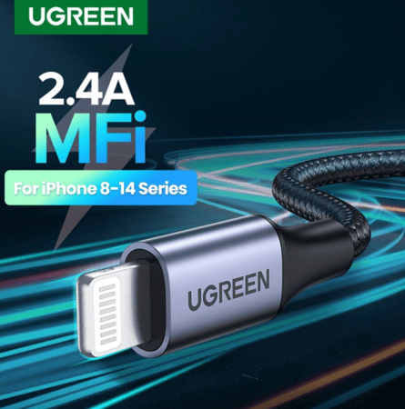 = سلك شاحن يوجرين نايلون مظفر USB إلى آيفون بطول 1 م - أسود