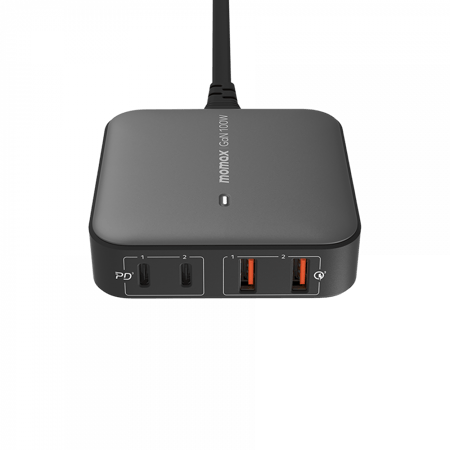 -- شاحن مكتبي موماكس بتقنية الجان بمنفذين USB-C ومنفذين USB بقوة 100 واط - أسود