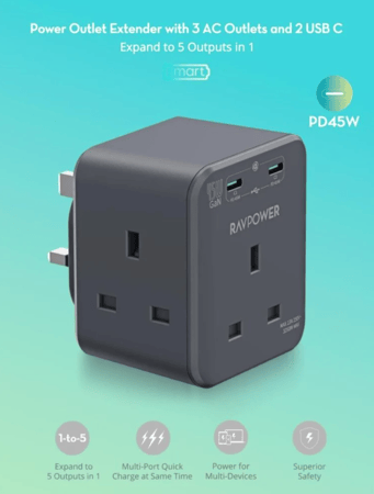 شاحن جداري راف باور بقوة 45 واط بثلاث منافذ طاقة - اسود