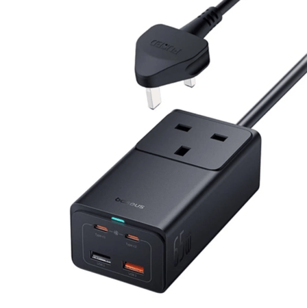 / بيسوس - منصة شحن بقدرة 65 واط بمفذين USB ومنفذين تايب سي ومقبس فيش - اسود