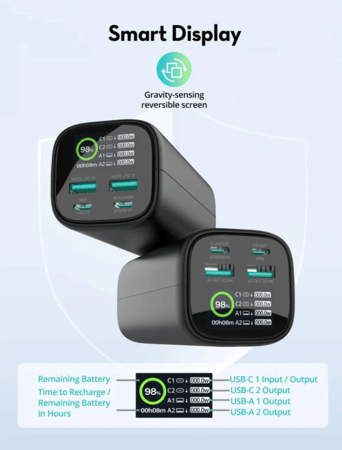 بطارية متنقلة راف باور الترا بقوة 100 واط وبسعة 20000 ملي امبير بمنفذين تايب سي ومنفذين يو اس بي مع شاشة عرض - اسود