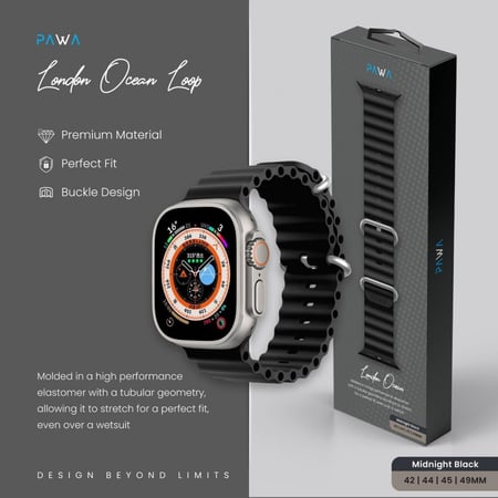 = باوا-London Ocean  سوار ساعة أبل سيليكون متوافق مع مقاس 42 / 44 / 45 / 49 ملم لون اسود
