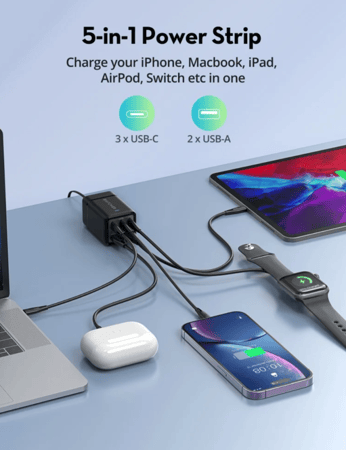 منصة شحن راف باور ثلاث منافذ تايب سي ومنفذين USB-A بقوة 75 واط - اسود