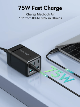 منصة شحن راف باور ثلاث منافذ تايب سي ومنفذين USB-A بقوة 75 واط - اسود