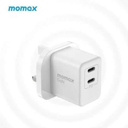 -- شاحن جداري موماكس ميني بتقنية الجان سريع الشحن بمفنذين USB-C وبقوة 35 واط - أبيض