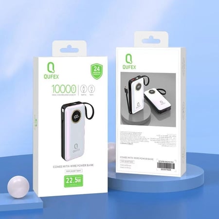 شاحن متنقل PD بسعة 10,000mAh مع كيبل تايب سي + آيفون مدمج - لون أبيض