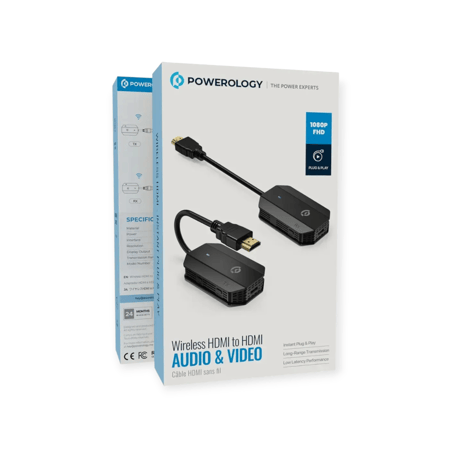 محولات انعكاس HDMI اللاسلكية من Powerology مع كابل USB-C بدقة Full HD 1080P - أسود