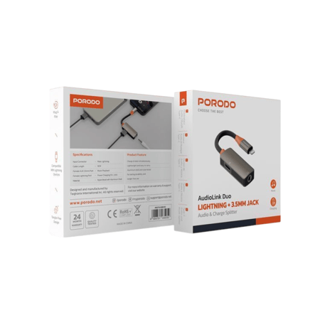 موزع صوت وشحن Porodo AudioLink Duo Lightning 3.5 مم - أسود