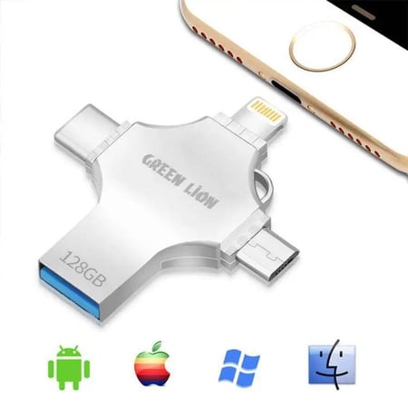 فلاش درايف نقل البيانات 4 في 1, 64GB - سيلفر قرين لايون 4-In-1 USB Flash Drive 64 GB - Silver