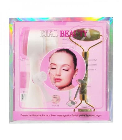 طقم مكون من فرشاة تنظيف للوجه ومساج جايد رولر من ريال بيوتي ابيض / زهري