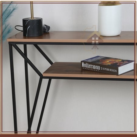 طاولة مدخل كونسول دورين قواعد حديد لون أسود وسطح خشب لون بني