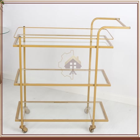 عربة تقديم قواعد لون ذهبي 3 دور سطح زجاج شفاف