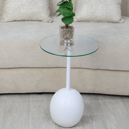 طاولة خدمة رخام صناعي القاعدة رخام لون أبيض والسطح زجاج شفاف