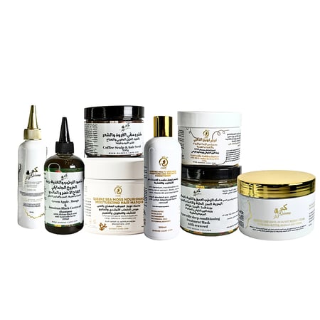 مجموعة كوينز المتكاملة 8 منتجات  روتين عناية كامل مع جدول مرفق للعناية بالشعر معالجة تطويل وتكثيف