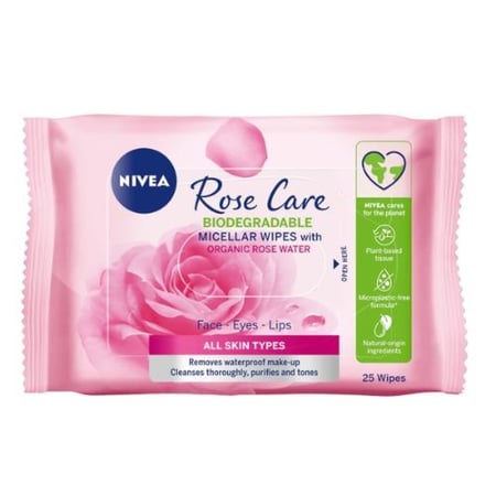 مناديل مبللة للوجه روز كير بماء ميسيلار من نيفيا بخلاصة ماء الورد العضوي لجميع انواع البشرة