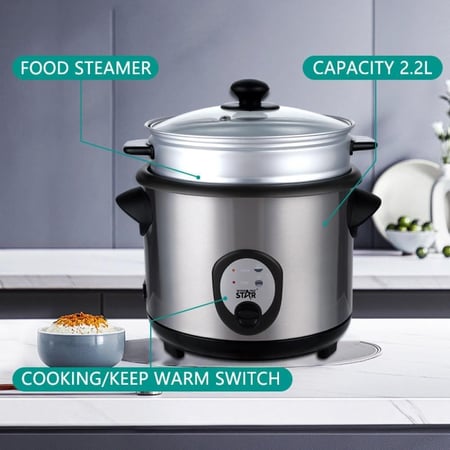 ويننج ستار قدر طهى الارز , سعة 5 لتر , طهى بالبخار , صينية بخار قابلة للإزالة , غير قابل للصق , 900 واط , فضي , م/ ST-9352