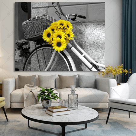 (MDF) لوحة فن تجريدي دراجة مزينة بزهور عباد الشمس