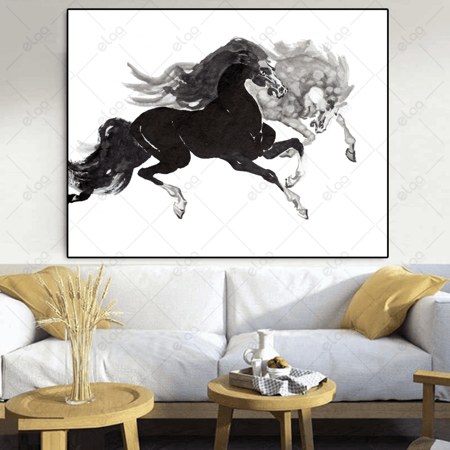 (MDF) لوحة جدارية رسم خيول بالألوان الأسود و الفضي
