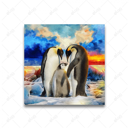 لوحة فن تجريدي عائلة البطريق في غروب الشمس في المحيط المتجمد