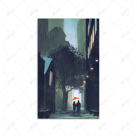 (MDF) لوحة فنية زوجين مع المظلات الحمراء المشي ليلا في شارع ممطر