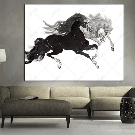 (MDF) لوحة جدارية رسم خيول بالألوان الأسود و الفضي