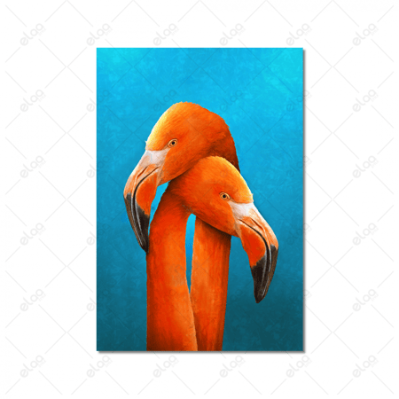 (MDF) لوحة فنية زوجين طيور النحام البرتقالي خلفية زرقاء