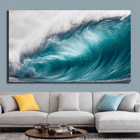 (MDF) لوحة فنية منظر طبيعي لأمواج بحر عالية بالالوان المحيطية والأبيض