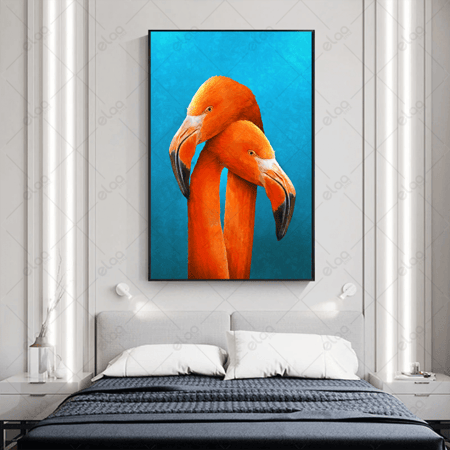 (MDF) لوحة فنية زوجين طيور النحام البرتقالي خلفية زرقاء