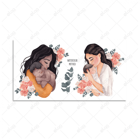 (MDF) لوحة فنية أمهات تحمل أطفلها بالألوان المائية