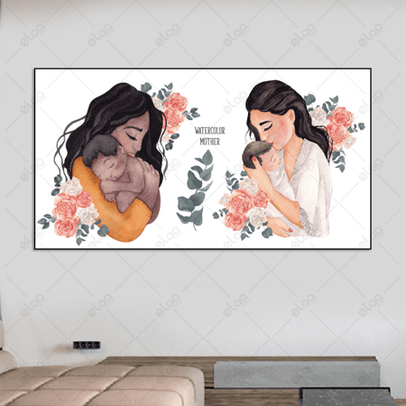 (MDF) لوحة فنية أمهات تحمل أطفلها بالألوان المائية
