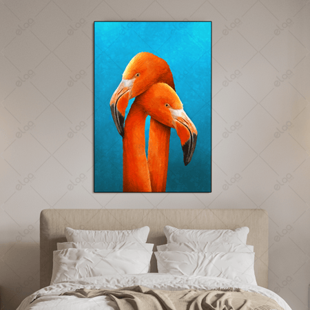 (MDF) لوحة فنية زوجين طيور النحام البرتقالي خلفية زرقاء