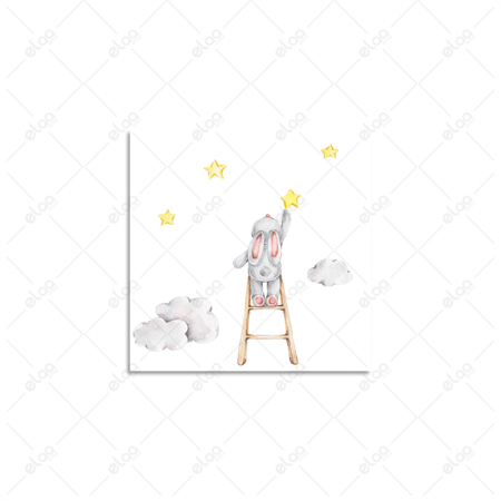 لوحة فنية الأرنب الكرتون على الدرج والنجوم والغيوم الصفراء