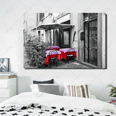 (MDF) لوحة فنية منظر طبيعي طاولات وكراسي باللون الابيض و الاسود