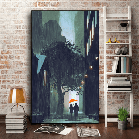 لوحة فنية زوجين مع المظلات الحمراء المشي ليلا في شارع ممطر