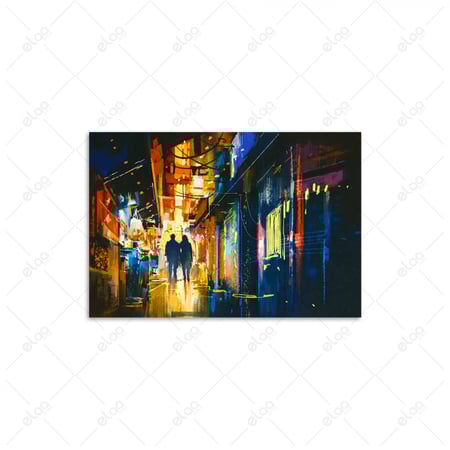 لوحة فنية زوجان يمشيان في زقاق بأضواء ملونة