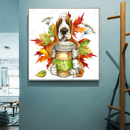 (MDF) لوحة فن تجريدي كلب صيد يحمل كأس من القهوة