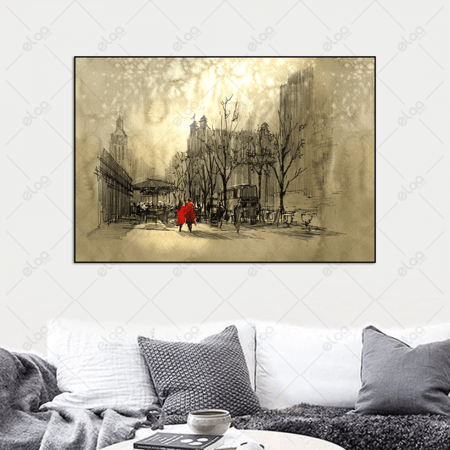 (MDF) لوحة فنية زوجين باللون الأحمر يمشيان في شارع المدينة