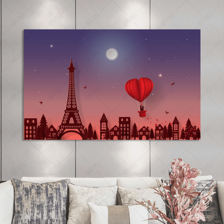 لوحة فنية منطاد فوق مدينة باريس عند غروب الشمس