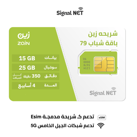 زين شباب 79 لمده شهر 15 جيجا بيانات 25 جيجا سوشيال 350 دقيقه ومكالمات