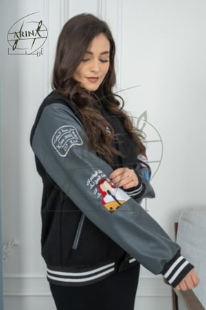 جاكيت سينيور - لون اسود بأكمام جلد رمادي