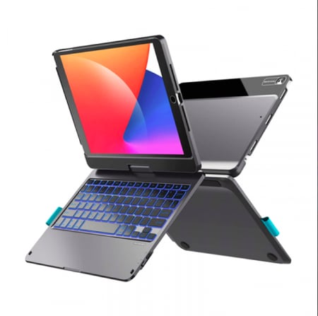 WiWU - لوحة مفاتيح لاسلكية مع غطاء قابل للدورانلوحة مفاتيح لاسلكية - بلوتوث غطاء كامل وحماية كاملة ايباد مقاوم للصدمات يعمل بالبلوتوث اضائة ليد للوحة المفاتيح دوارن 360 درجة مكان مخصص للقلم على الجانب الكيبورد قابل لإعادة الشحن