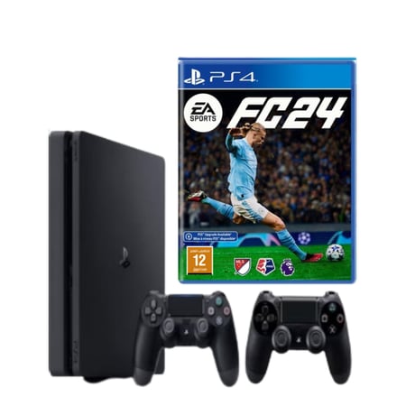 بلايستيشن 4 بسعة 500GB جديد مع وحدتين تحكم دوال شوك Ps4 مع لعبة فيفا 24New PlayStation 4 500GB with two Dualshock Ps4 controllers and FIFA 24 game