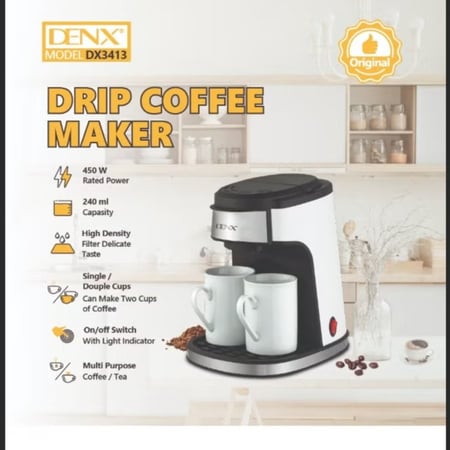 ماكينة تحضير قهوة إسبريسو بالتنقيط مع كوبين، بقوة 450 واط | DX3413