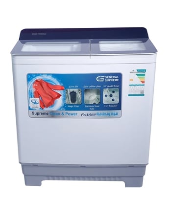 GSTG180KS جنرال سوبريم غسالة نصف اوتوماتيك حوضين غطاء زجاجي مقوى 18 كيلوأبيضGSTG180KS General Supreme Semi-Automatic Twin Tub Washing Machine with Tempered Glass Lid, 18 kg, White