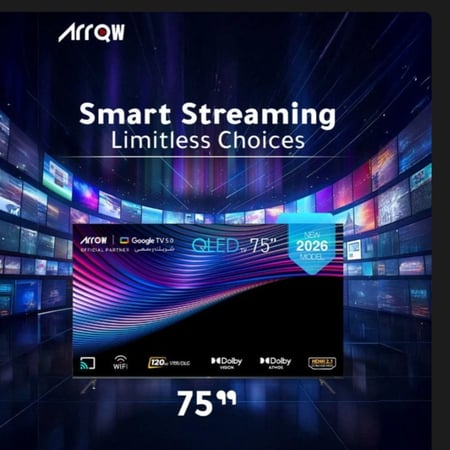 شاشة Arrow كيو ليد 75 بوصة - 120 هرتز - وضوح فائق الدقة - بدون إطار - سعة تخزين 16 جيجا - ذاكرة وصول عشوائي 2 جيجا | RO-75LCQ120