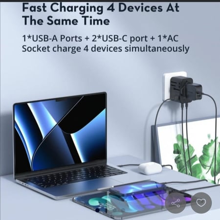 راف باور- فيش السفر مع منفذين تايب سي ومنفذ USB بقوة 65 واط + كيبل تايب سي 100 واط