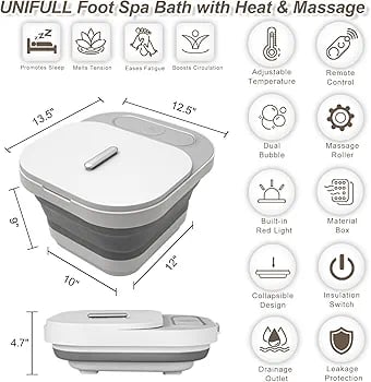 حمام سبا للقدم قابل للطي من يونيفول مع بكرات تسخين وتدليك، فقاعات، مجموعة باديكير القدم، تحكم في درجة الحرارة، ضوء احمر، سبا للقدمين