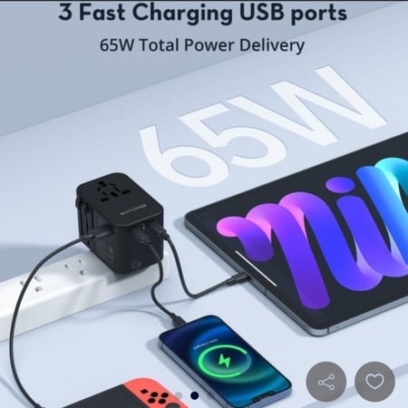 راف باور- فيش السفر مع منفذين تايب سي ومنفذ USB بقوة 65 واط + كيبل تايب سي 100 واط