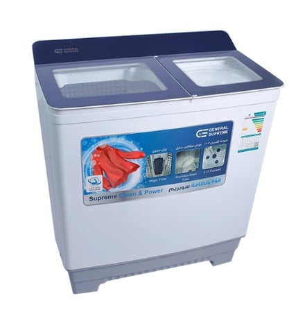 GSTG150KS جنرال سوبريم غسالة نصف اوتوماتيك حوضين غطاء زجاجي مقوى 15 كيلوأبيضGSTG150KS General Supreme Semi-Automatic Twin Tub Washing Machine with Tempered Glass Lid, 15 kg, White