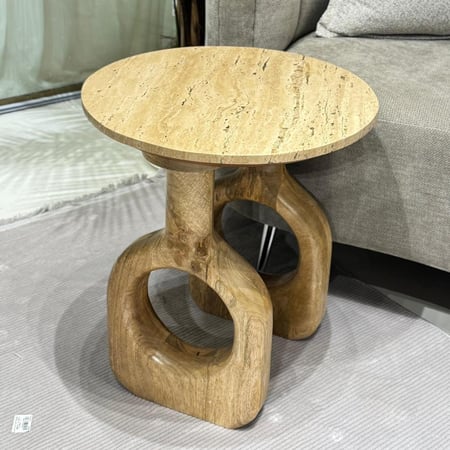 طاولة قهوة رخام ترفنتينوا  بتصميم عملي معاصر قاعده خشب بني50×45×45سم